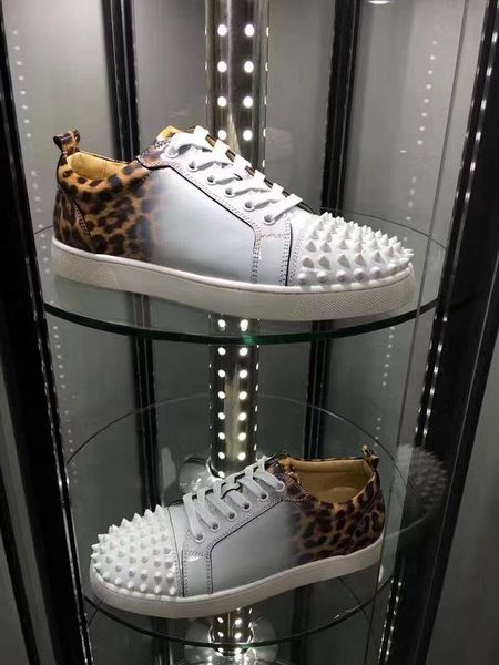 

red bottom men sneakers super quality low cut leopard patent leather spiked sneaker for women men brand red sole junior men flat tr, Black