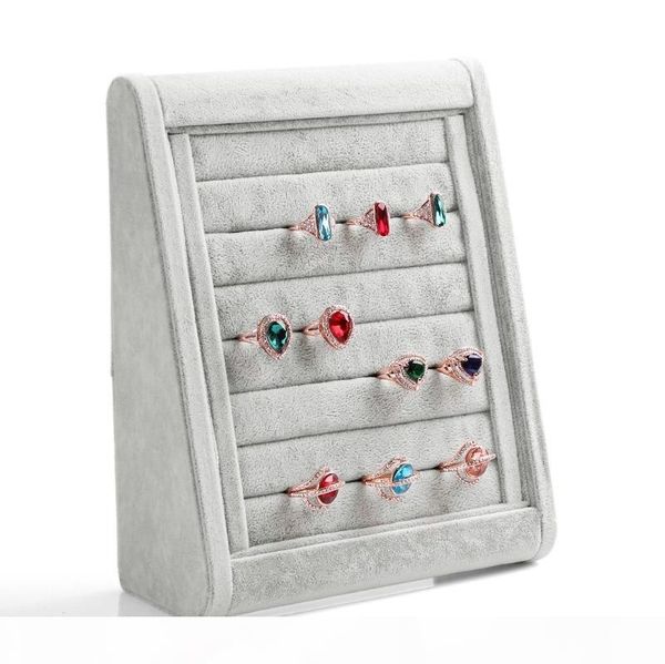 

high-end grey wood velvet ring earrings stud mobile dust plugs jewelry display storage stand holder tray tripod design, Black;white