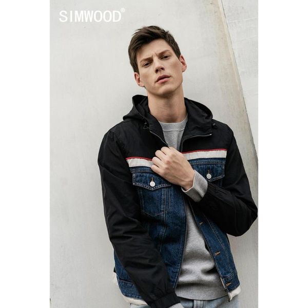 

simwood 2020 autumn winter panelled denim hooded jackets men fashion contrast color streetwear hip hop patchwork coats brand, Black;brown