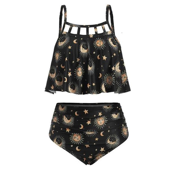 

summer women print split swimsuit sun stars moon flounce runched tankini swimwear high waisted bikini set black  xxl amp xs, White;black