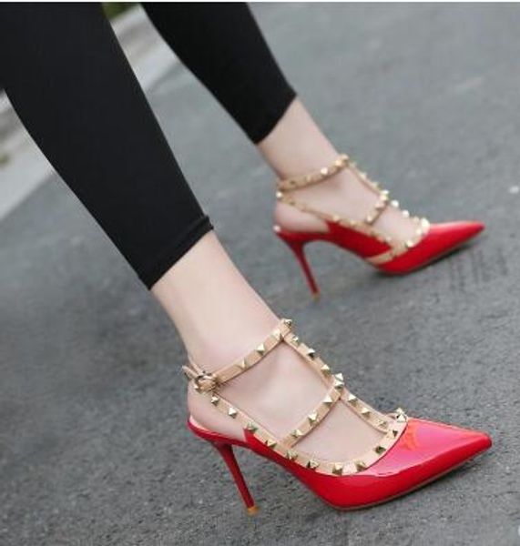 

2020 new brand designer rivet shoes woman tivets dress shoes 6cm 8cm 10cm patent leather heels sandals plus size 35-43, Black