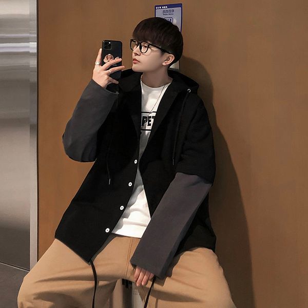 

2020 autumn and winter new youth popular men's loose large size stitching jacket fashion casual fake two-piece black/grey, Black;brown