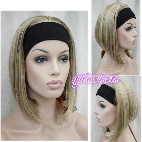 

ladies light brown blonde mixed with headband women 3/4 half wig c, Black