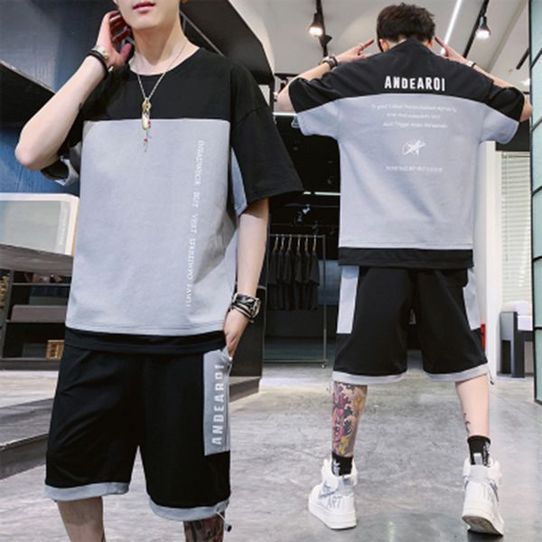 

2020 summer new men hong kong style casual short-sleeved suit o-neck cotton t-shirt half trousers two-piece suit plua size -4xl, Gray