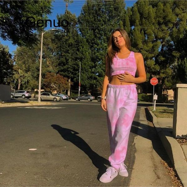 

tie-dye joggers suit two-piece tracksuit women's summer vest crop trousers printing fashion casual women set sweatsuit new, White