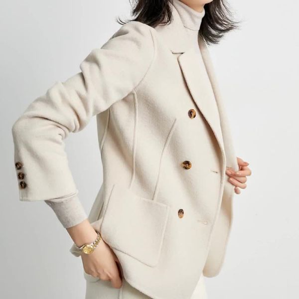 

aigyptos classic double-breasted blazer double-sided wool coat women short woolen coat high-end white office casual women, Black