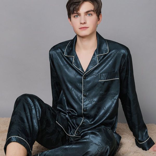 

luxury men's button down satin pajama set long silk pjs silk pyjamas satin shirt men long sleeve suitjamas sleeping suit for men, Black;brown