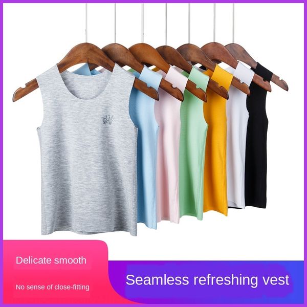 

children's modal seamless summer ice silk underwear boys' elastic solid underwear vest vest color casual cut sleeveless t-shirt gi, Blue