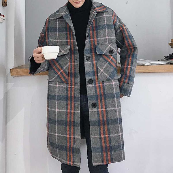 

vintage long plaid woolen jacket outerwear men streetwear hip hop loose windbreaker overcoat cardigan coat abrigo largo hombre, Black