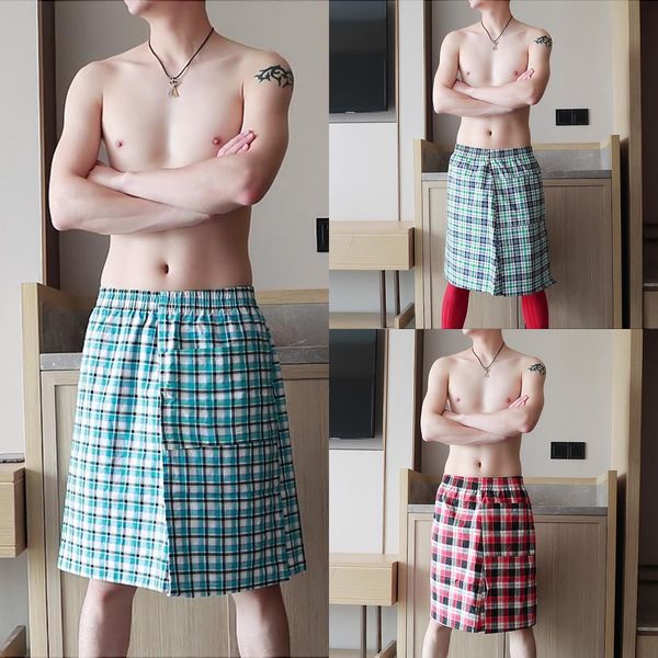 

aibc men's underwear casual home nightdress cotton printed underwear bath skirt bath skirt plaid fashion bathhouse bathroom available, Blue;red