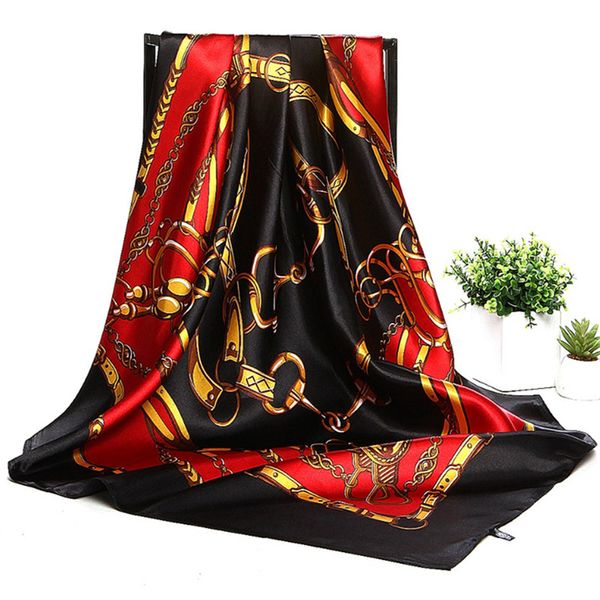 

autumn women silk scarf striped muslim head square scarf satin wraps hijab foulard bandana big neckerchief 90*90cm, Blue;gray