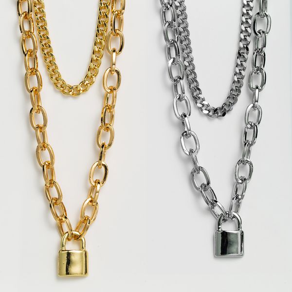 

hip hop lock creative 2 piece set hip hop pendant necklace double simple thick chain short necklace for mens women jewelry gold chains xl004, Golden;silver
