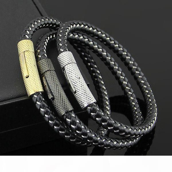 

new arrival 316l titanium steel bangle for man bangle clasp and genuine leather rope simple bracelet man bangle in 20.5cm jewelry, Golden;silver