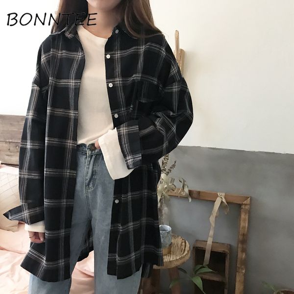 

women new shirts casual plaid all-match loose long sleeve students daily bf ulzzang single breasted womens korean style harajuku, White