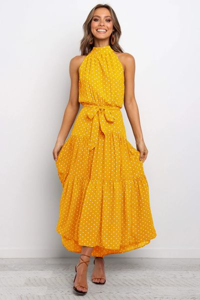 

Halter neck polka dot print lace dress long skirt