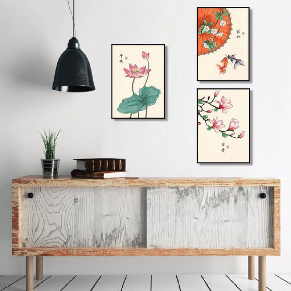 

chinese style retro lotus magnolia plants flower goldfish canvas painting poster and print home decor unframed painting
