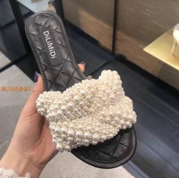 

2020 women summer luxurious pearl bead slipper ladies peep toe handwork flat gladiator sandals women fashion casual shoes, Black