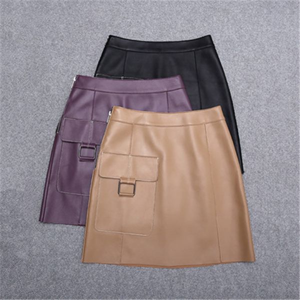 

2020 women spring genuine real sheep leather skirt e74, Black