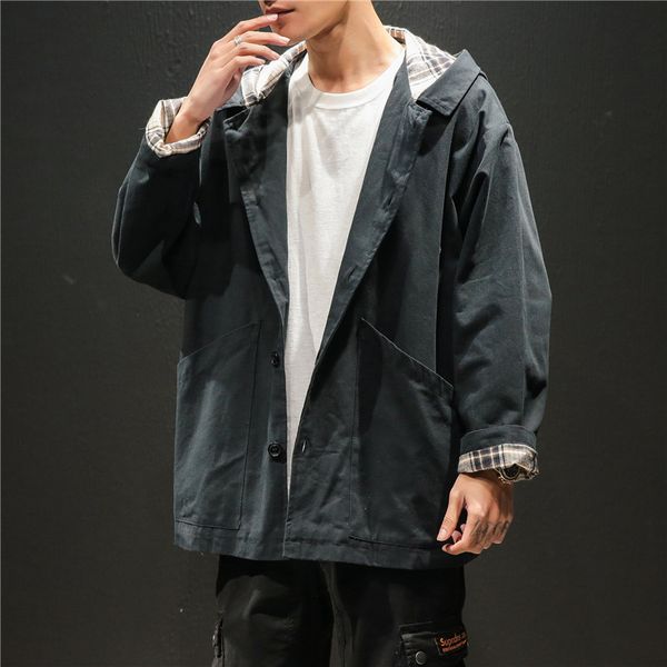 

men's jacket 2020 spring new hooded windbreaker long paragraph color matching large size m-5xl loose casual youth men's clothing, Black;brown