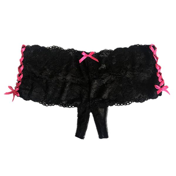 

crotchless lace panties women's underwear side tie boyleg black panties open gusset tangas boyshort lace-up briefs, Black;pink