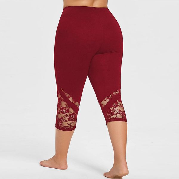 

large size womens sporting leggings solid balck gray with lace patchwork elastic waist mid calf floral length skinny panties leggins, Black