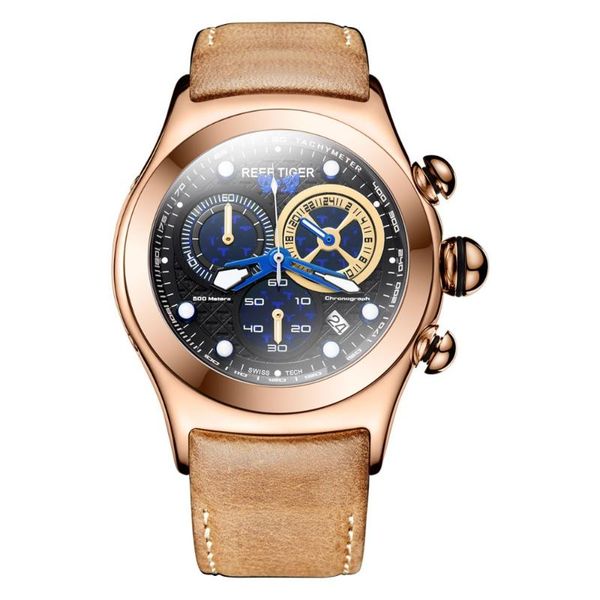 

reef tiger/rt men's sport watches chronograph date luminous skeleton quartz rose gold watches rga782, Slivery;brown