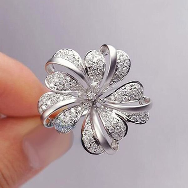 

aprilgrass brand flower ring band for girl romantic cute brilliant elegant snow flower flake shaped with cubic zircon stone women rings, Silver