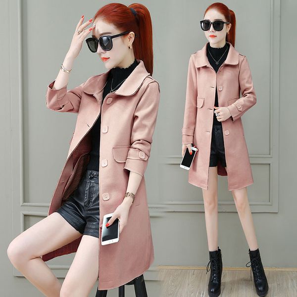 

2020 women spring autumn korean outerwear windbreaker coat female loose thin single-breasted suede meidum long trench coat s206, Tan;black