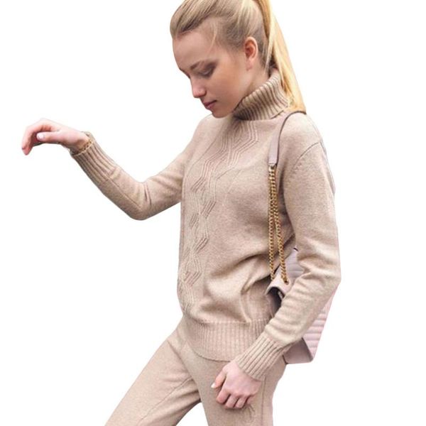 

mvgirlru soft wool knitted suit autumn winter women's tracksuits twist knitting turtleneck sweater pant two piece sets plus size, White