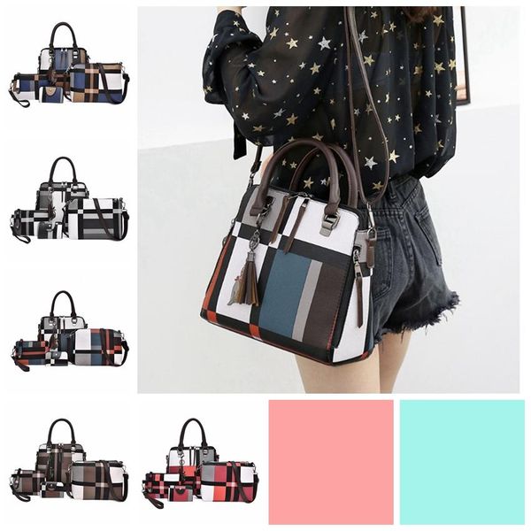 

4pcs/set composite tassel bag lady fashion england style blue plaid shoulder crossbody handbag designer phone bags for women wallets 191010