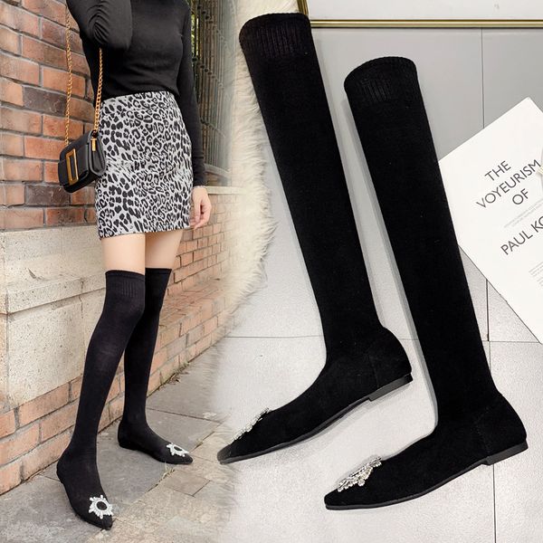 

woman flat boots crystal winter shoes for women thigh high heels high boots-women low rhinestone 2020 rubber, Black