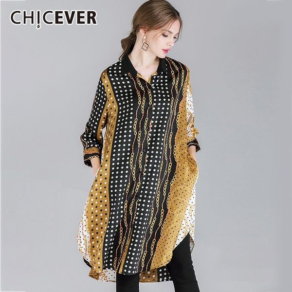 

chicever summer vintage print women shirt lpael long sleeve button irregular hem split loose plus size female blouse 2020 new, White