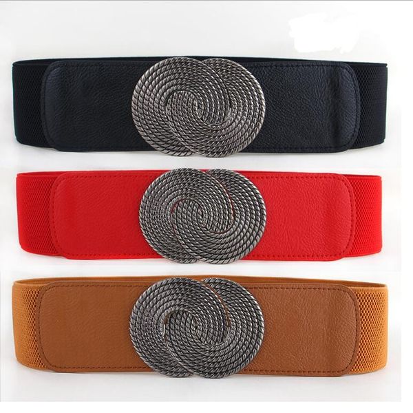 

good quality wide cummerbund girdle female vintage circle buckle elastic waistband dress cummerbunds leather stretch women, Black;brown