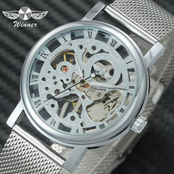 

wristwatches winner fashion classic mechanical women watches ultra thin mesh strap skeleton dial ladies wristwatch for girls, Slivery;brown