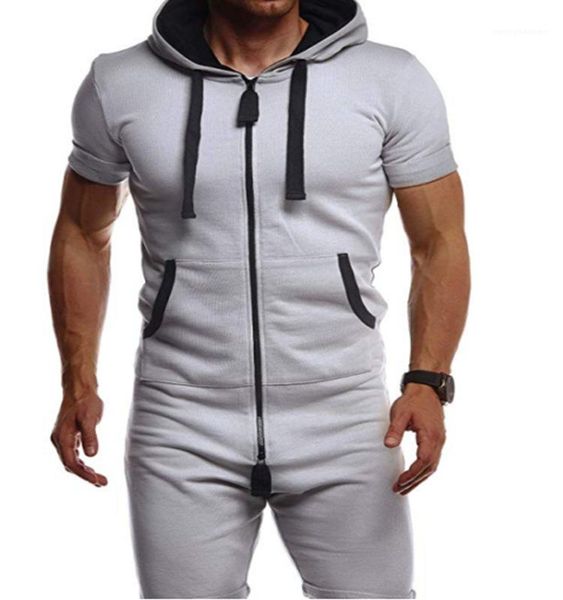 

jumpsuit short sleeve zipper hooded solid mens tracksuit sets one piece overalls sets fashion sportwear summer men short, Gray