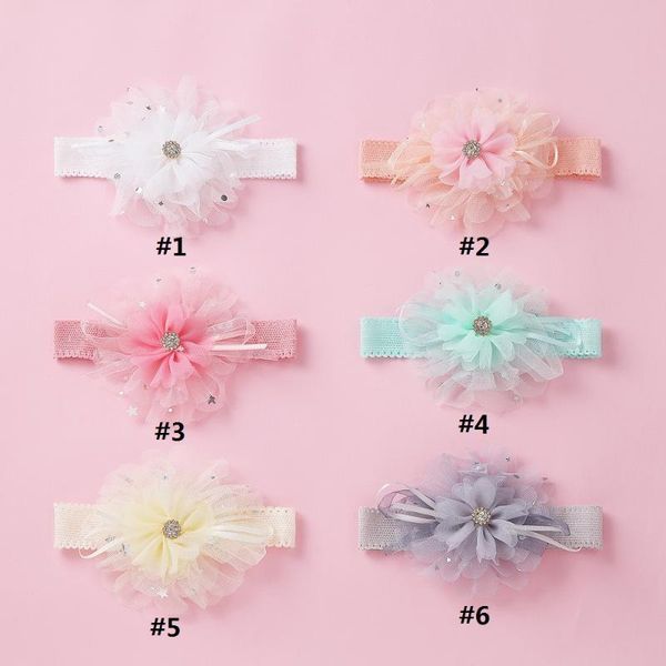 

hair accessories 6pcs/set 2021 kids mesh yarn elastic bands baby girls rhinestone flower headband bezel wholesale, Slivery;white