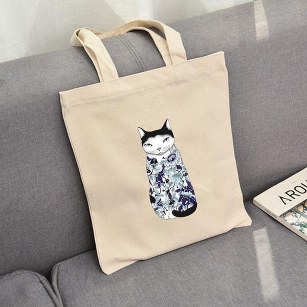 

creativity cat print canvas bag tote high capacity reusable shopping bag women simple casual handbag personality shoulder bags