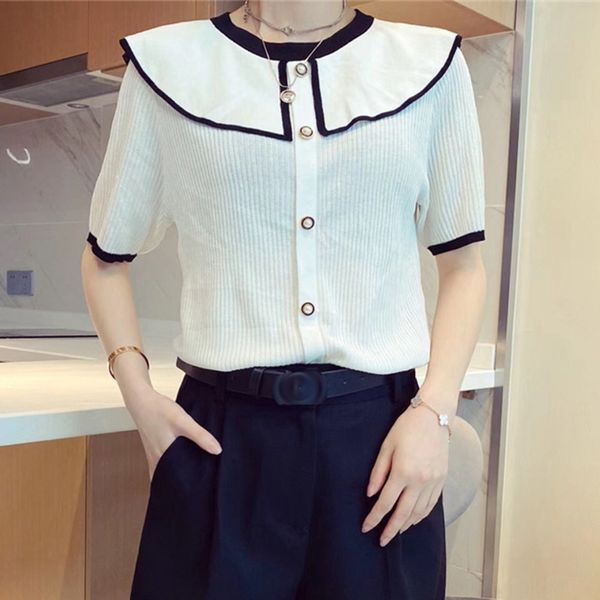 

малыши воротник пуловер трикотаж лед шелк трикотаж женщины 2020 летнего новое похудение соответствующего цвета тонкого пуловер с коротким ру, White