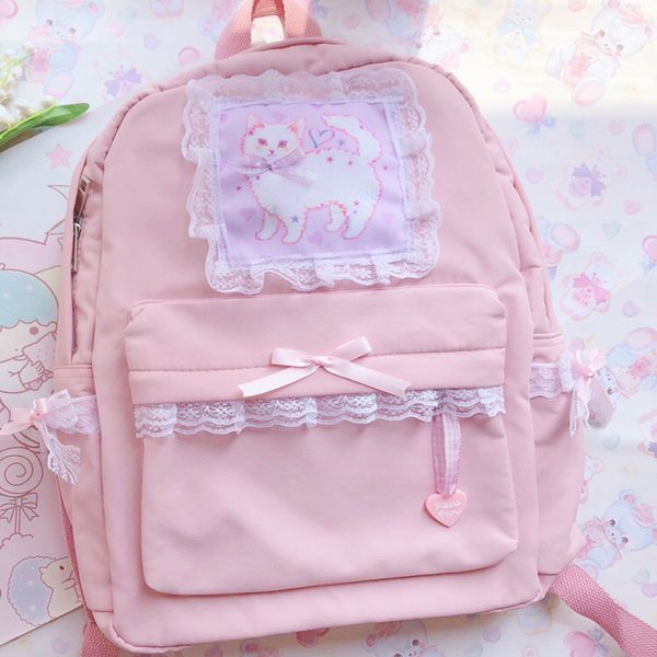 

japanese woman sweet pink backpack original cute cat lace bow nylon bag kawaii student daily back pack sweet girl style backpack