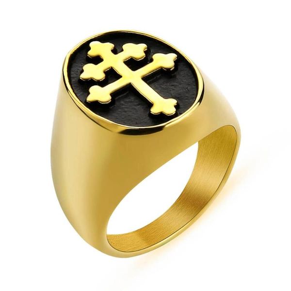 

valily lorraine cross ring gold color titanium stainless steel crux vera cross of lorraine rings for men jewelry wholesale, Golden;silver
