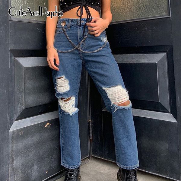 

streetwear fashion ripped jeans for women metal chains straight trousers joggers women 90s y2k jeans sweatpants cuteandpsycho, Blue