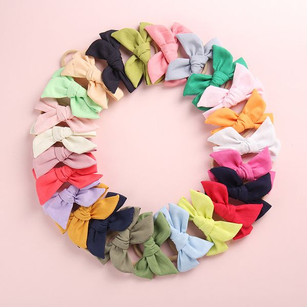 

1pc 24 colors soft cotton linen fabric bow hair ties schoolgirl sailor bow headwear hair band baby kids girls accessories, Slivery;white