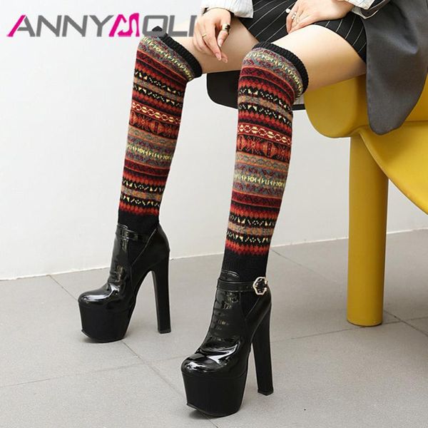 

annymoli super high heel over the boots woman platform thin heel long boots buckle slim stretch shoes female autumn winter 33-46, Black