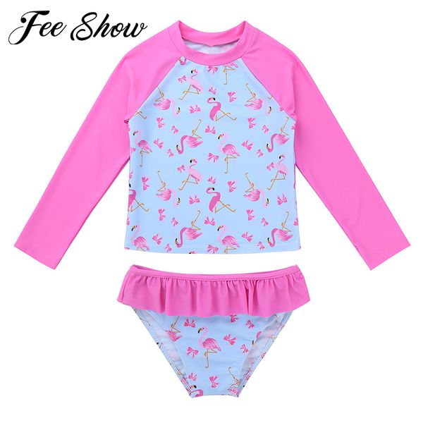 

kids girls tankini swimwear flamingo print two pieces rash guards long sleeved rashguard swimming briefs children's swimsuit set, White
