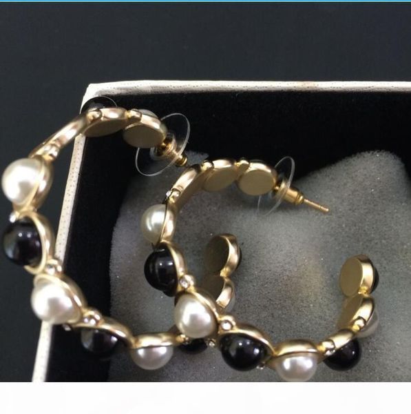 

hoop earrings with logo big crystal round earrings white and black bead fashion earrings jewelry for women, Golden;silver