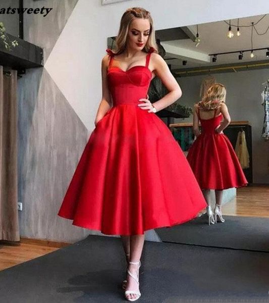 Yeni varış spagetti balo elbisesi resmi vestido noiva sereia kırmızı saten balo parti robe de soiree a-line tatlım gece önlükleri