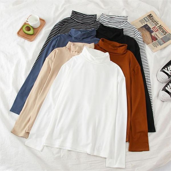 

loose solid color letter stripe long sleeve women basic t shirt daily autumn girls leisure fashion high collar t shirt, White