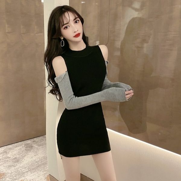 

womens korean-style womens off-shoulder color matching long-sleeved high-waist slim slimming all-match hip-wrapped small knitted dress, White;black