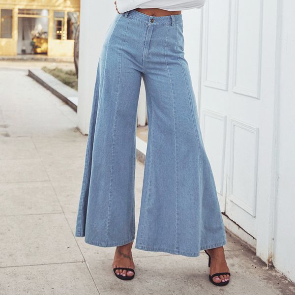 

2020 new style spring summer women denim wide leg pants boyfriend loose casual ladies jeans pants vintage high waist, Blue