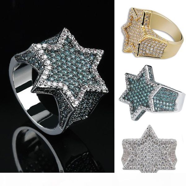 

real gold white gold dark green iced out цирконий шестиугольная звезда палец кольцо диапазона сохранения цвета bling алмазный рэппер кольцо, Silver